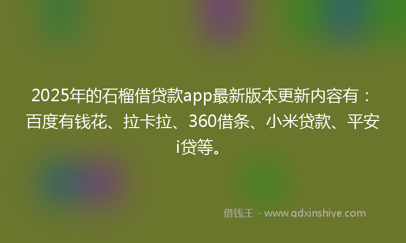 2025年的石榴借贷款app最新版本更新内容有：百度有钱花、拉卡拉、360借条、小米贷款、平安i贷等。