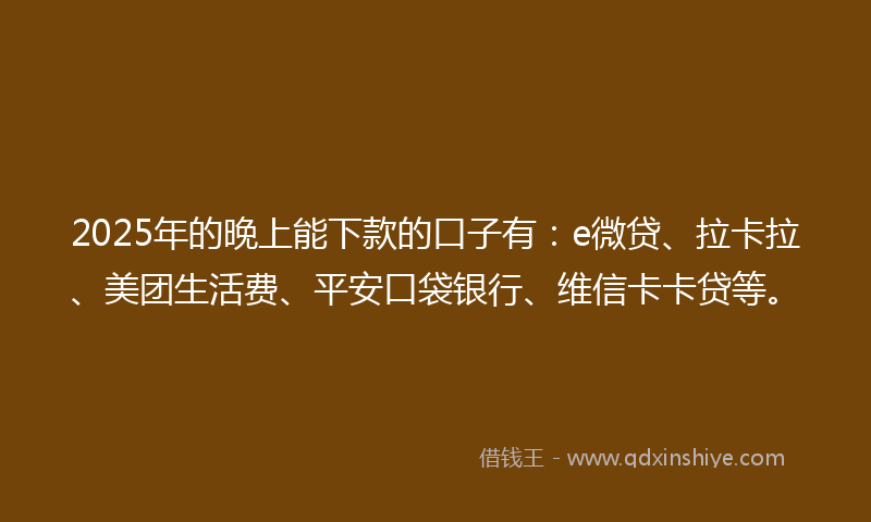 2025年的晚上能下款的口子有：e微贷、拉卡拉、美团生活费、平安口袋银行、维信卡卡贷等。