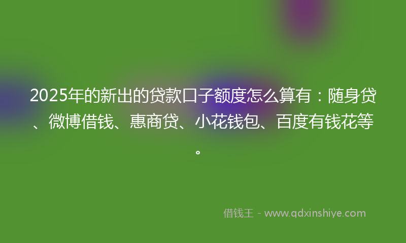 2025年的新出的贷款口子额度怎么算有：随身贷、微博借钱、惠商贷、小花钱包、百度有钱花等。