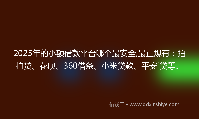 2025年的小额借款平台哪个最安全,最正规有：拍拍贷、花呗、360借条、小米贷款、平安i贷等。