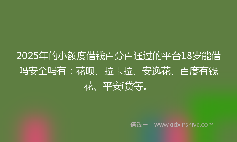 2025年的小额度借钱百分百通过的平台18岁能借吗安全吗有：花呗、拉卡拉、安逸花、百度有钱花、平安i贷等。