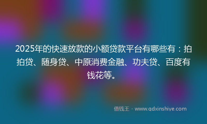 2025年的快速放款的小额贷款平台有哪些有：拍拍贷、随身贷、中原消费金融、功夫贷、百度有钱花等。