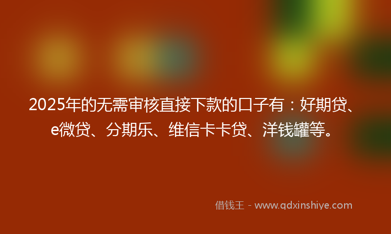 2025年的无需审核直接下款的口子有：好期贷、e微贷、分期乐、维信卡卡贷、洋钱罐等。