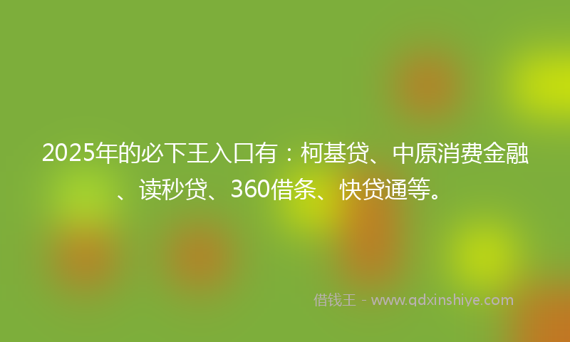 2025年的必下王入口有：柯基贷、中原消费金融、读秒贷、360借条、快贷通等。