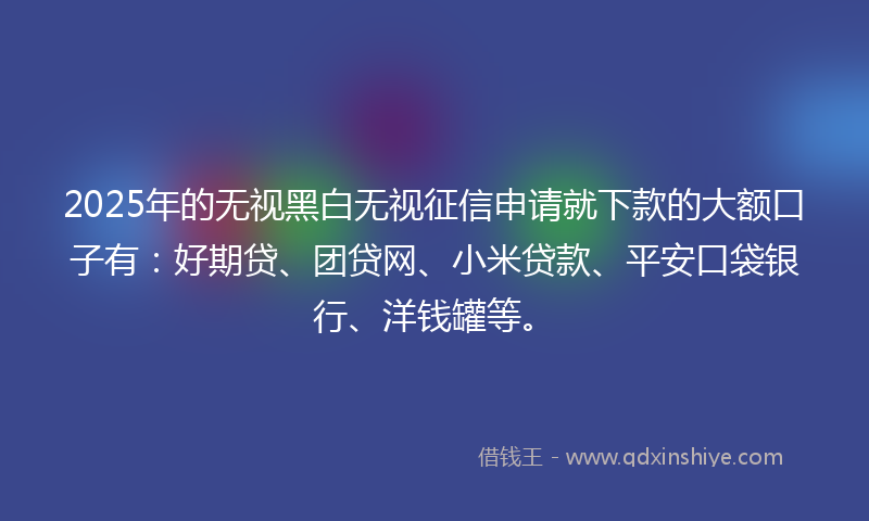 2025年的无视黑白无视征信申请就下款的大额口子有：好期贷、团贷网、小米贷款、平安口袋银行、洋钱罐等。