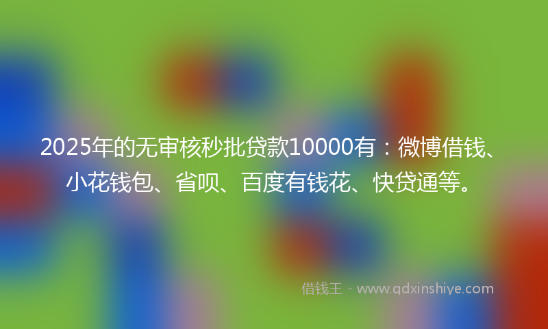 2025年的无审核秒批贷款10000有：微博借钱、小花钱包、省呗、百度有钱花、快贷通等。