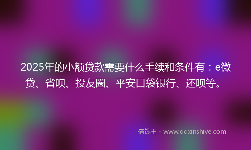 2025年的小额贷款需要什么手续和条件有：e微贷、省呗、投友圈、平安口袋银行、还呗等。
