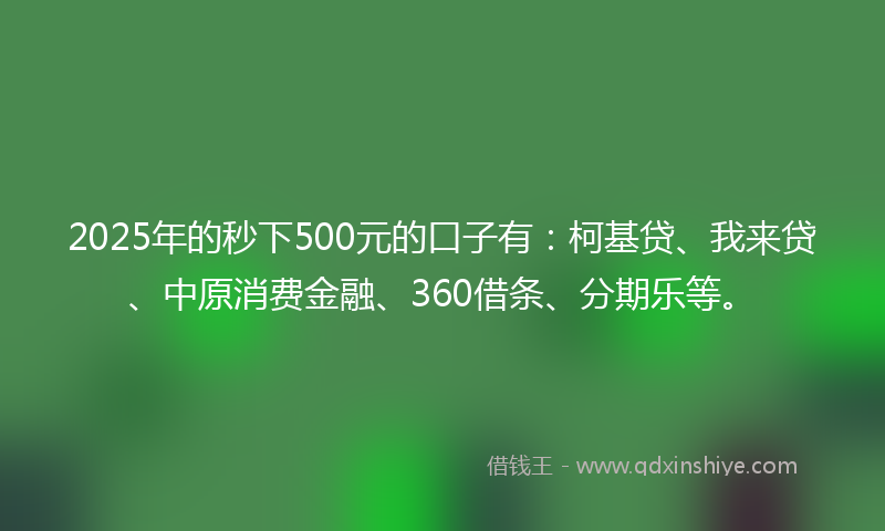 2025年的秒下500元的口子有：柯基贷、我来贷、中原消费金融、360借条、分期乐等。