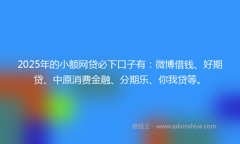 2025年的小额网贷必下口子有：微博借钱、好期贷、中原消费金融、分期乐、你我贷等。