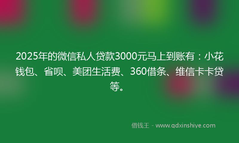 2025年的微信私人贷款3000元马上到账有：小花钱包、省呗、美团生活费、360借条、维信卡卡贷等。