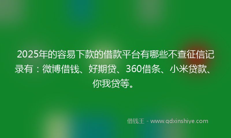 2025年的容易下款的借款平台有哪些不查征信记录有：微博借钱、好期贷、360借条、小米贷款、你我贷等。