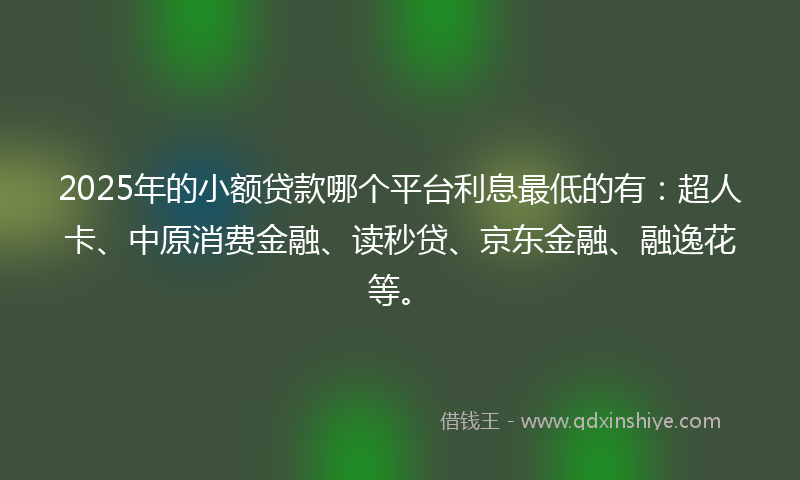 2025年的小额贷款哪个平台利息最低的有：超人卡、中原消费金融、读秒贷、京东金融、融逸花等。