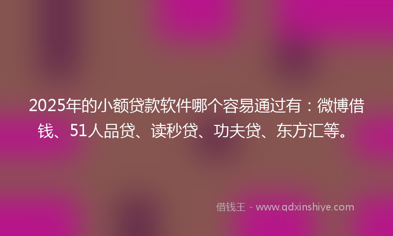 2025年的小额贷款软件哪个容易通过有：微博借钱、51人品贷、读秒贷、功夫贷、东方汇等。