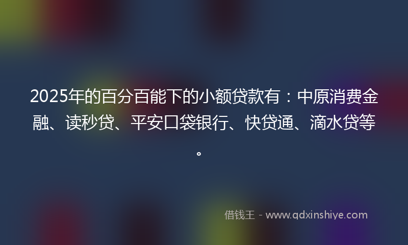 2025年的百分百能下的小额贷款有：中原消费金融、读秒贷、平安口袋银行、快贷通、滴水贷等。