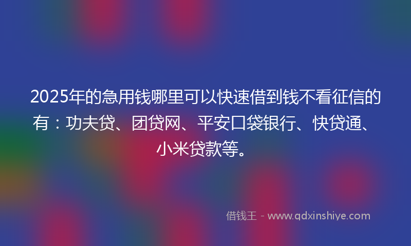 2025年的急用钱哪里可以快速借到钱不看征信的有:功夫贷、团贷网、平安口袋银行、快贷通、小米贷款等。