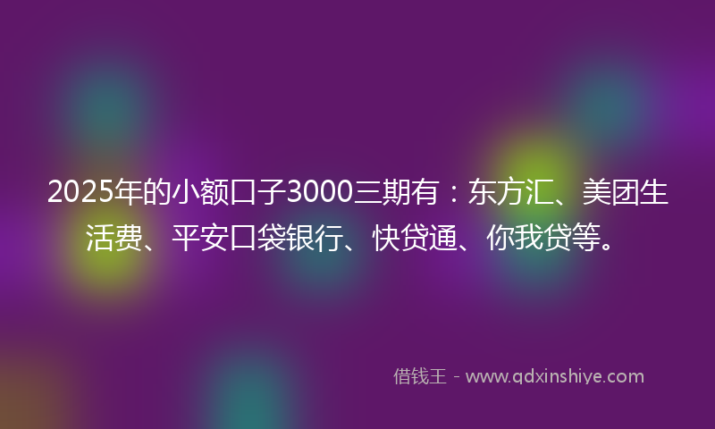 2025年的小额口子3000三期有：东方汇、美团生活费、平安口袋银行、快贷通、你我贷等。