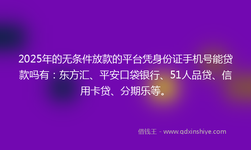 2025年的无条件放款的平台凭身份证手机号能贷款吗有：东方汇、平安口袋银行、51人品贷、信用卡贷、分期乐等。