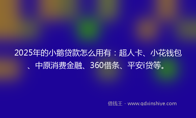 2025年的小鹅贷款怎么用有：超人卡、小花钱包、中原消费金融、360借条、平安i贷等。
