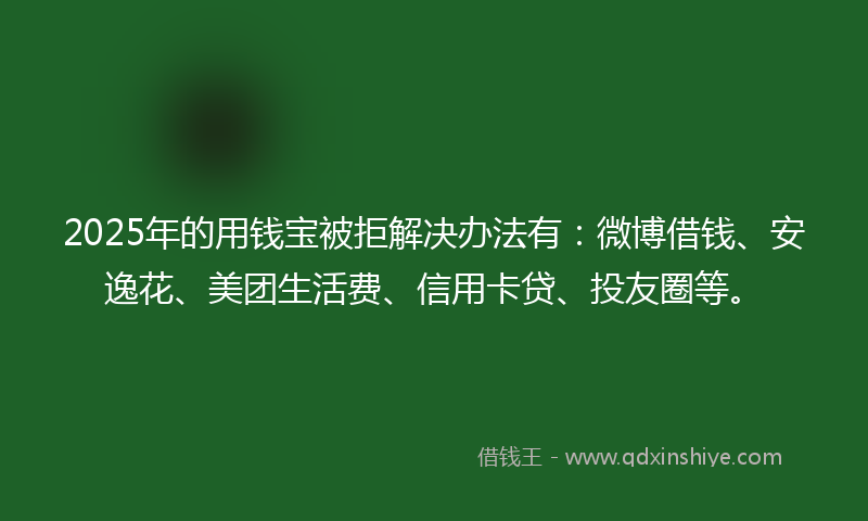 2025年的用钱宝被拒解决办法有：微博借钱、安逸花、美团生活费、信用卡贷、投友圈等。