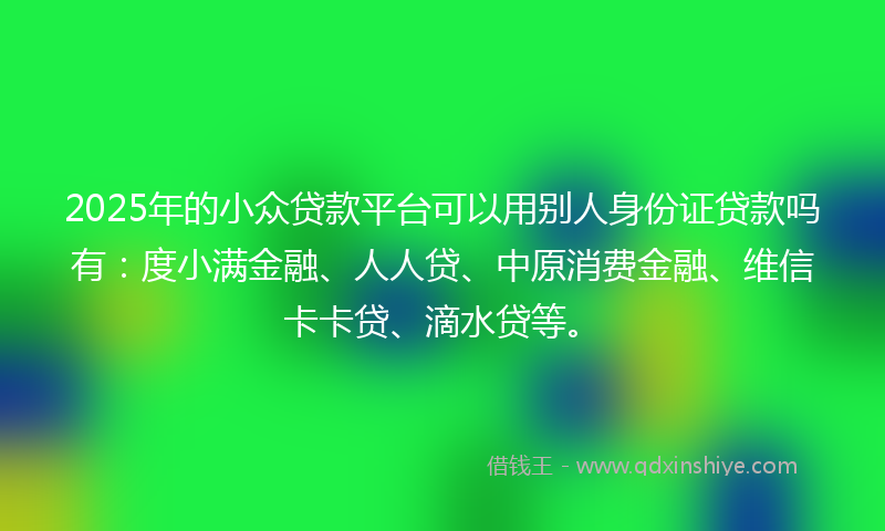 2025年的小众贷款平台可以用别人身份证贷款吗有：度小满金融、人人贷、中原消费金融、维信卡卡贷、滴水贷等。