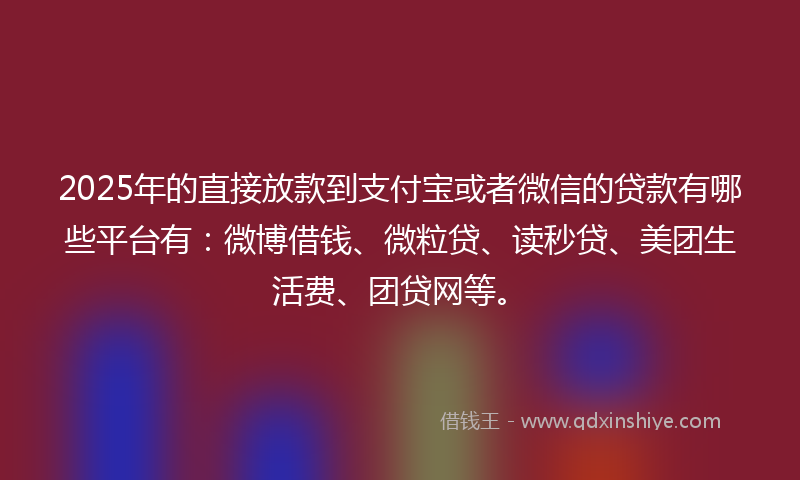 2025年的直接放款到支付宝或者微信的贷款有哪些平台有：微博借钱、微粒贷、读秒贷、美团生活费、团贷网等。