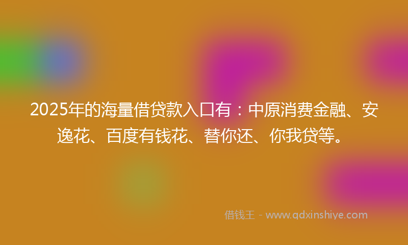 2025年的海量借贷款入口有：中原消费金融、安逸花、百度有钱花、替你还、你我贷等。