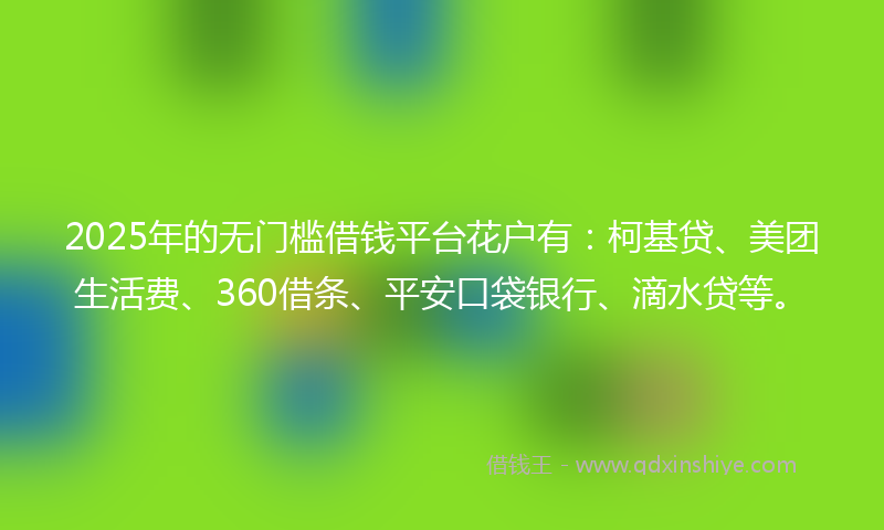 2025年的无门槛借钱平台花户有：柯基贷、美团生活费、360借条、平安口袋银行、滴水贷等。