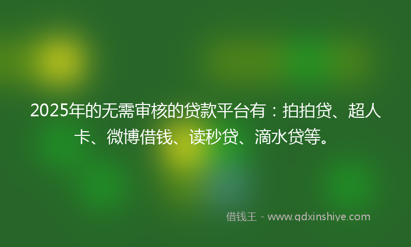 2025年的无需审核的贷款平台有：拍拍贷、超人卡、微博借钱、读秒贷、滴水贷等。