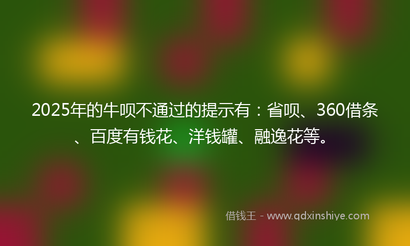 2025年的牛呗不通过的提示有：省呗、360借条、百度有钱花、洋钱罐、融逸花等。