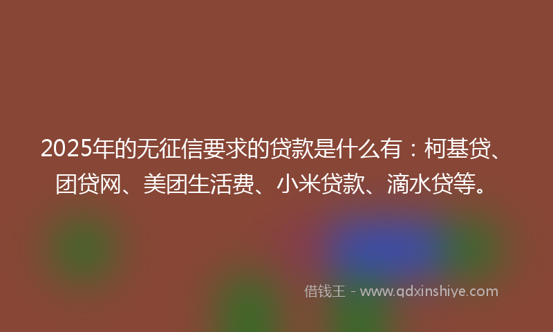 2025年的无征信要求的贷款是什么有：柯基贷、团贷网、美团生活费、小米贷款、滴水贷等。