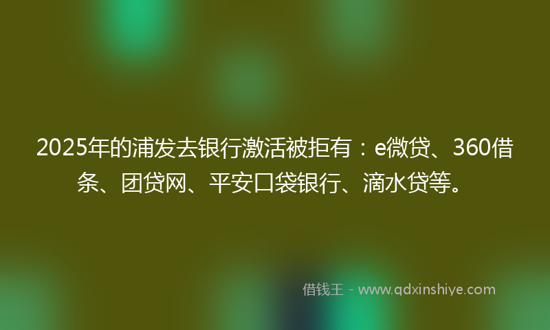 2025年的浦发去银行激活被拒有：e微贷、360借条、团贷网、平安口袋银行、滴水贷等。