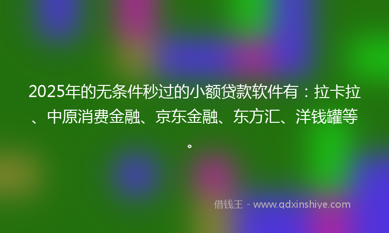 2025年的无条件秒过的小额贷款软件有：拉卡拉、中原消费金融、京东金融、东方汇、洋钱罐等。