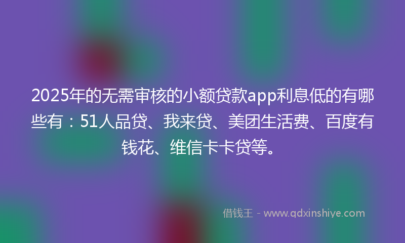 2025年的无需审核的小额贷款app利息低的有哪些有：51人品贷、我来贷、美团生活费、百度有钱花、维信卡卡贷等。