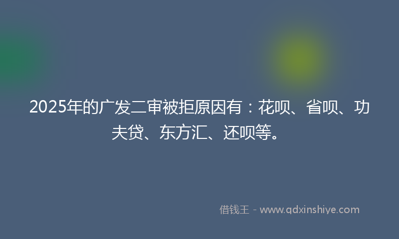 2025年的广发二审被拒原因有：花呗、省呗、功夫贷、东方汇、还呗等。