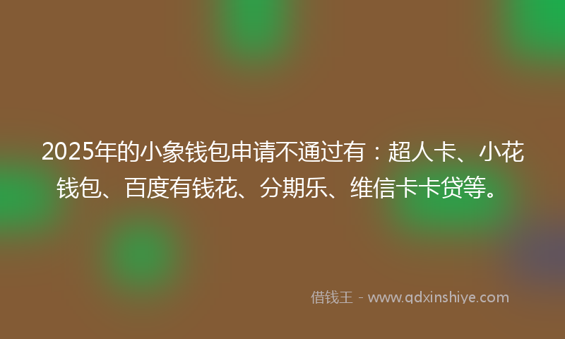 2025年的小象钱包申请不通过有：超人卡、小花钱包、百度有钱花、分期乐、维信卡卡贷等。