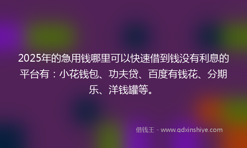 2025年的急用钱哪里可以快速借到钱没有利息的平台有：小花钱包、功夫贷、百度有钱花、分期乐、洋钱罐等。