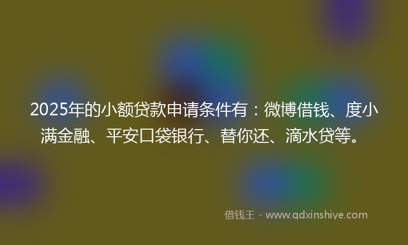 2025年的小额贷款申请条件有：微博借钱、度小满金融、平安口袋银行、替你还、滴水贷等。