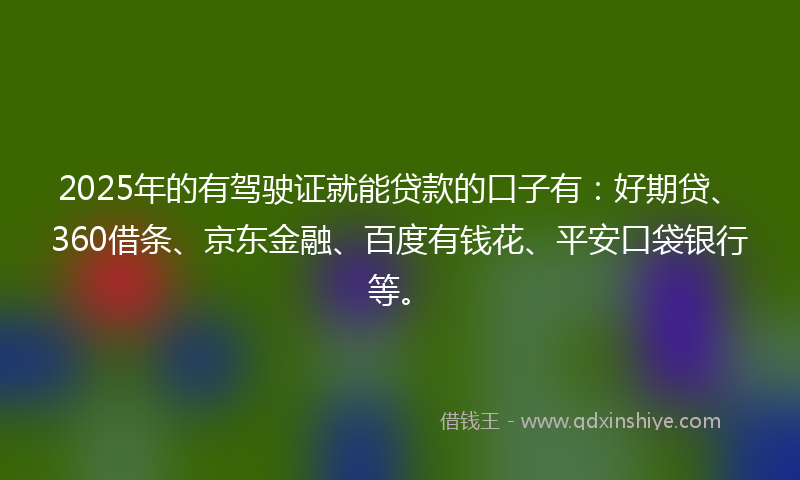 2025年的有驾驶证就能贷款的口子有：好期贷、360借条、京东金融、百度有钱花、平安口袋银行等。
