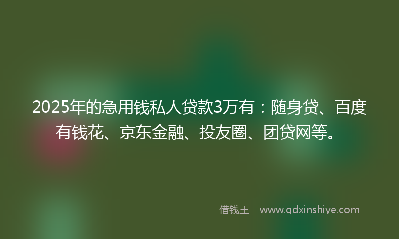 2025年的急用钱私人贷款3万有：随身贷、百度有钱花、京东金融、投友圈、团贷网等。