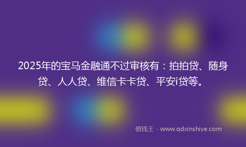 2025年的宝马金融通不过审核有：拍拍贷、随身贷、人人贷、维信卡卡贷、平安i贷等。