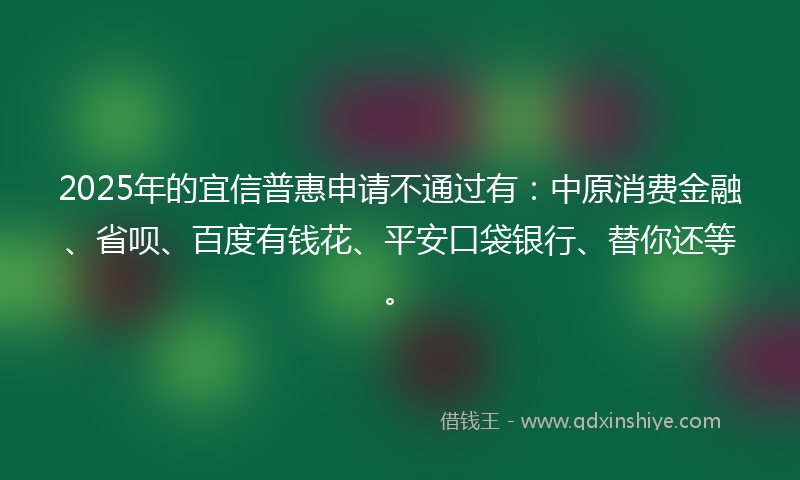 2025年的宜信普惠申请不通过有：中原消费金融、省呗、百度有钱花、平安口袋银行、替你还等。