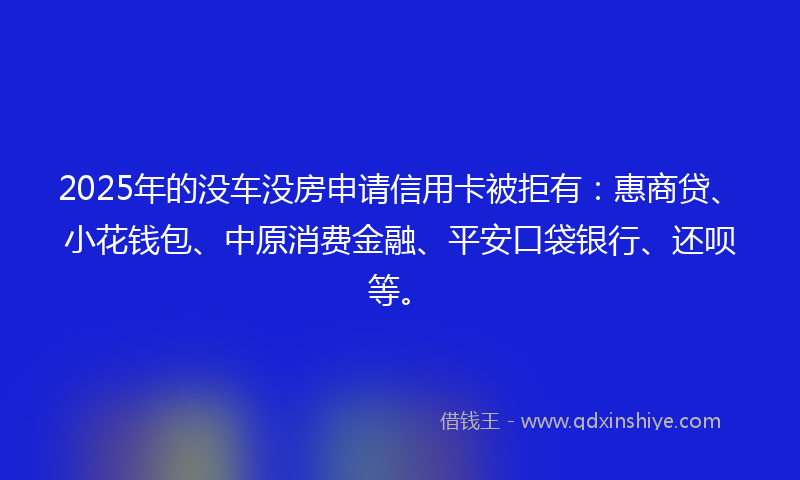 2025年的没车没房申请信用卡被拒有：惠商贷、小花钱包、中原消费金融、平安口袋银行、还呗等。