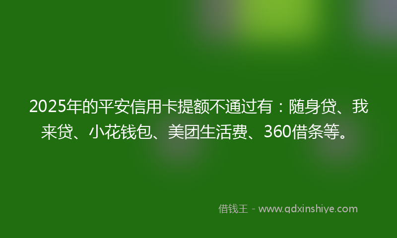 2025年的平安信用卡提额不通过有：随身贷、我来贷、小花钱包、美团生活费、360借条等。