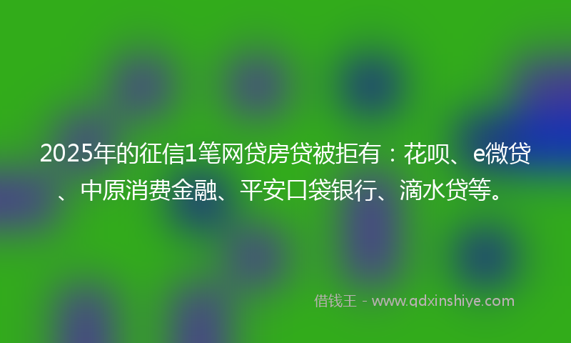 2025年的征信1笔网贷房贷被拒有：花呗、e微贷、中原消费金融、平安口袋银行、滴水贷等。