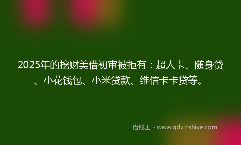 2025年的挖财美借初审被拒有：超人卡、随身贷、小花钱包、小米贷款、维信卡卡贷等。