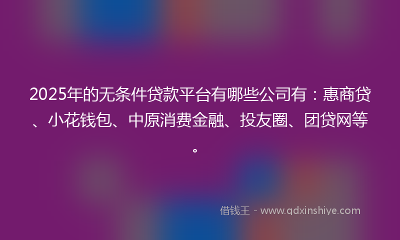 2025年的无条件贷款平台有哪些公司有：惠商贷、小花钱包、中原消费金融、投友圈、团贷网等。
