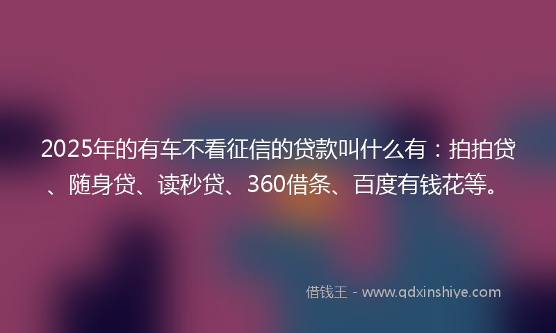 2025年的有车不看征信的贷款叫什么有：拍拍贷、随身贷、读秒贷、360借条、百度有钱花等。