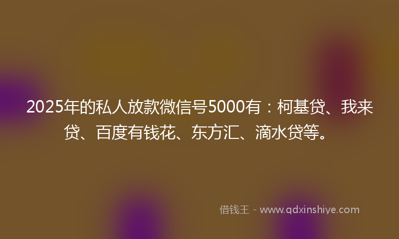 2025年的私人放款微信号5000有：柯基贷、我来贷、百度有钱花、东方汇、滴水贷等。