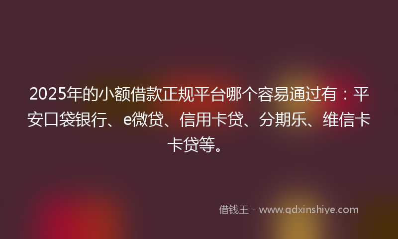 2025年的小额借款正规平台哪个容易通过有：平安口袋银行、e微贷、信用卡贷、分期乐、维信卡卡贷等。