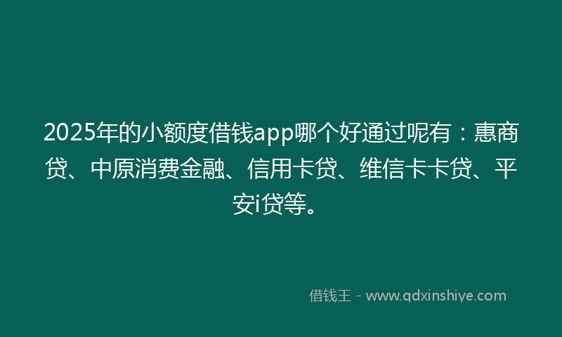 2025年的小额度借钱app哪个好通过呢有：惠商贷、中原消费金融、信用卡贷、维信卡卡贷、平安i贷等。